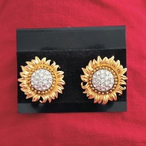 Rhinestone Sunflower Earring Vintage Joan Rivers Jewelry with Pave Clear Rhinest